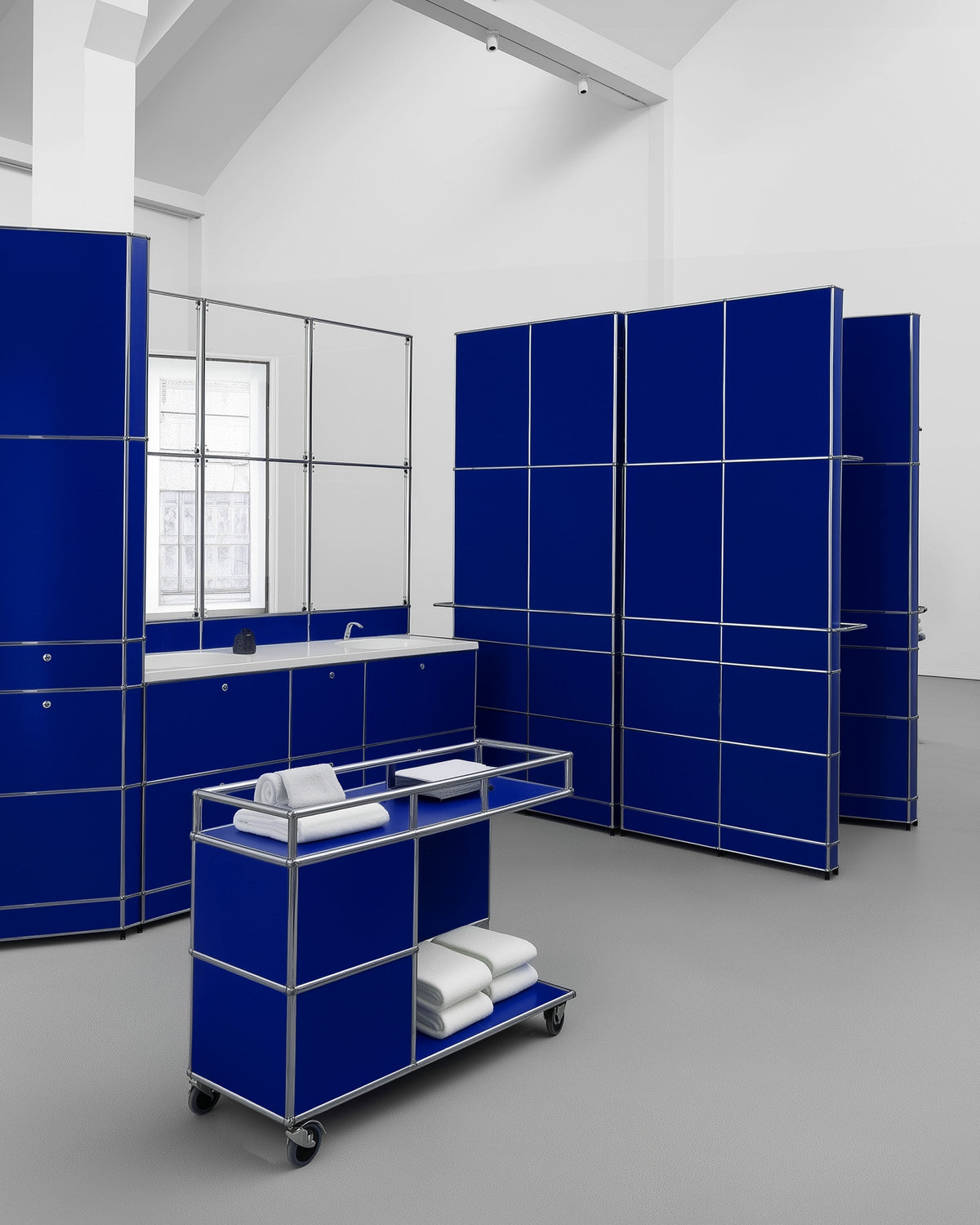 Modern retail store interior with blue display cabinets and fixtures