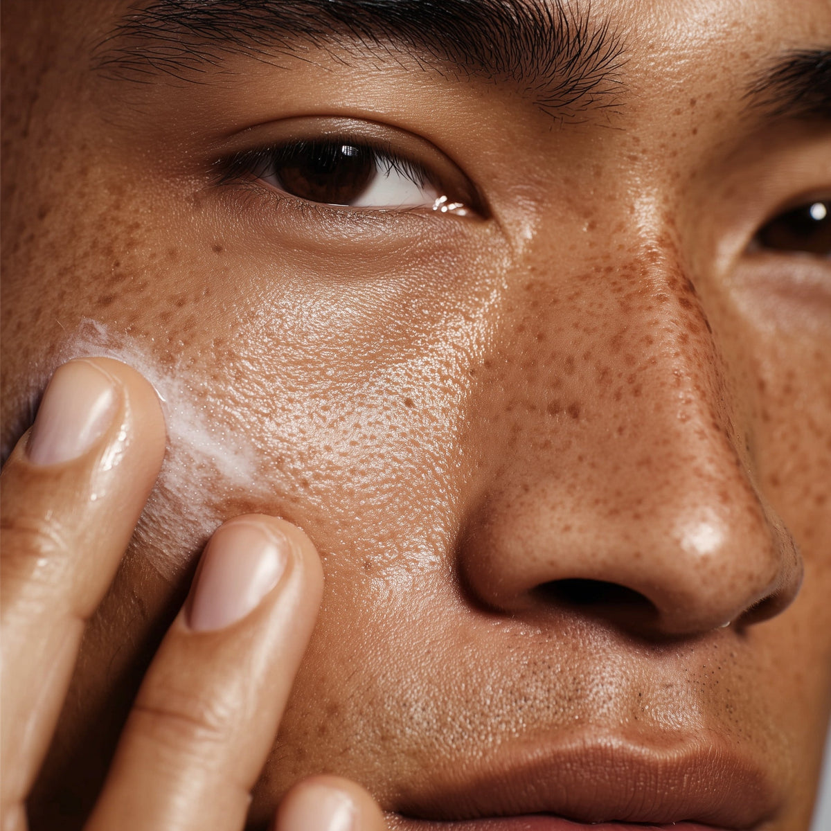 Person's face with visible pores and freckles, hand touching cheek