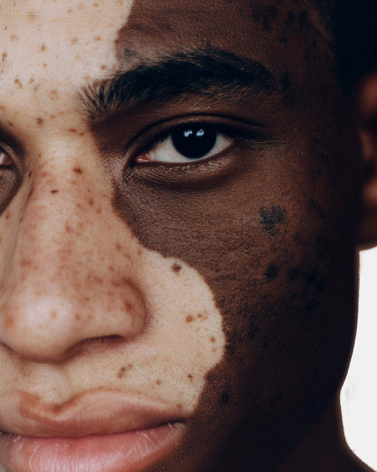 Close-up of face with freckles and natural skin texture