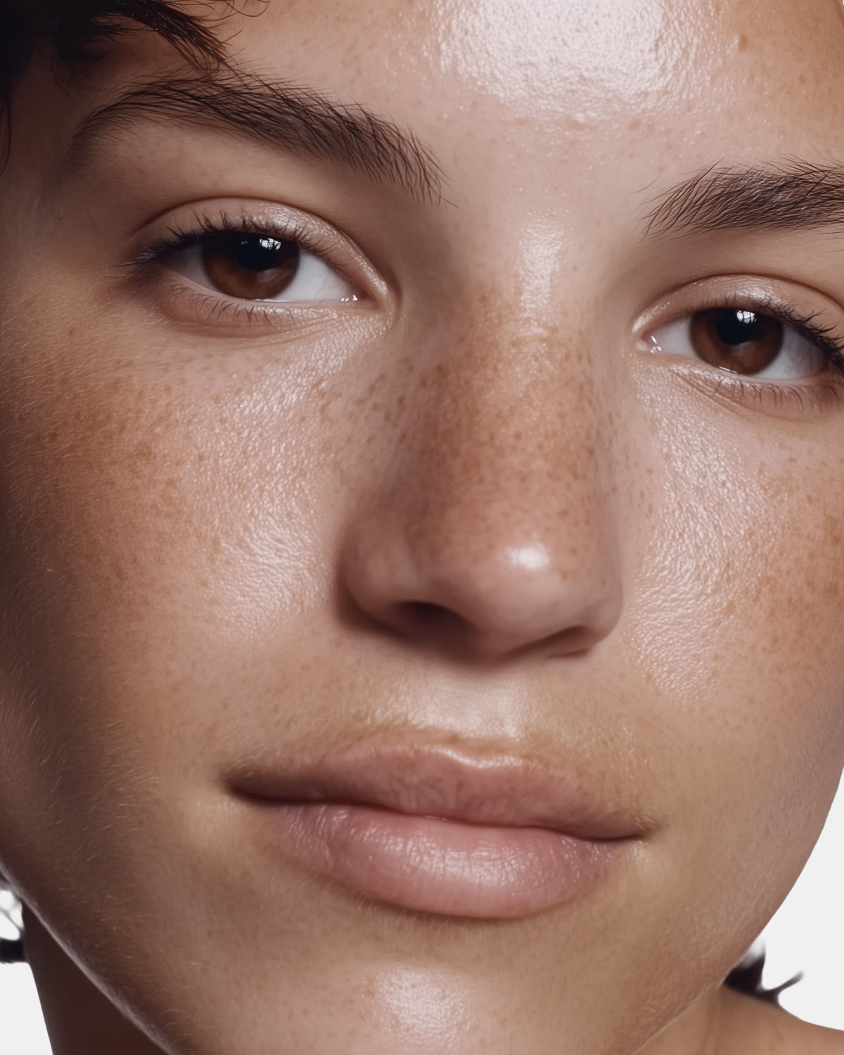 Person with glowing clear skin and natural freckles
