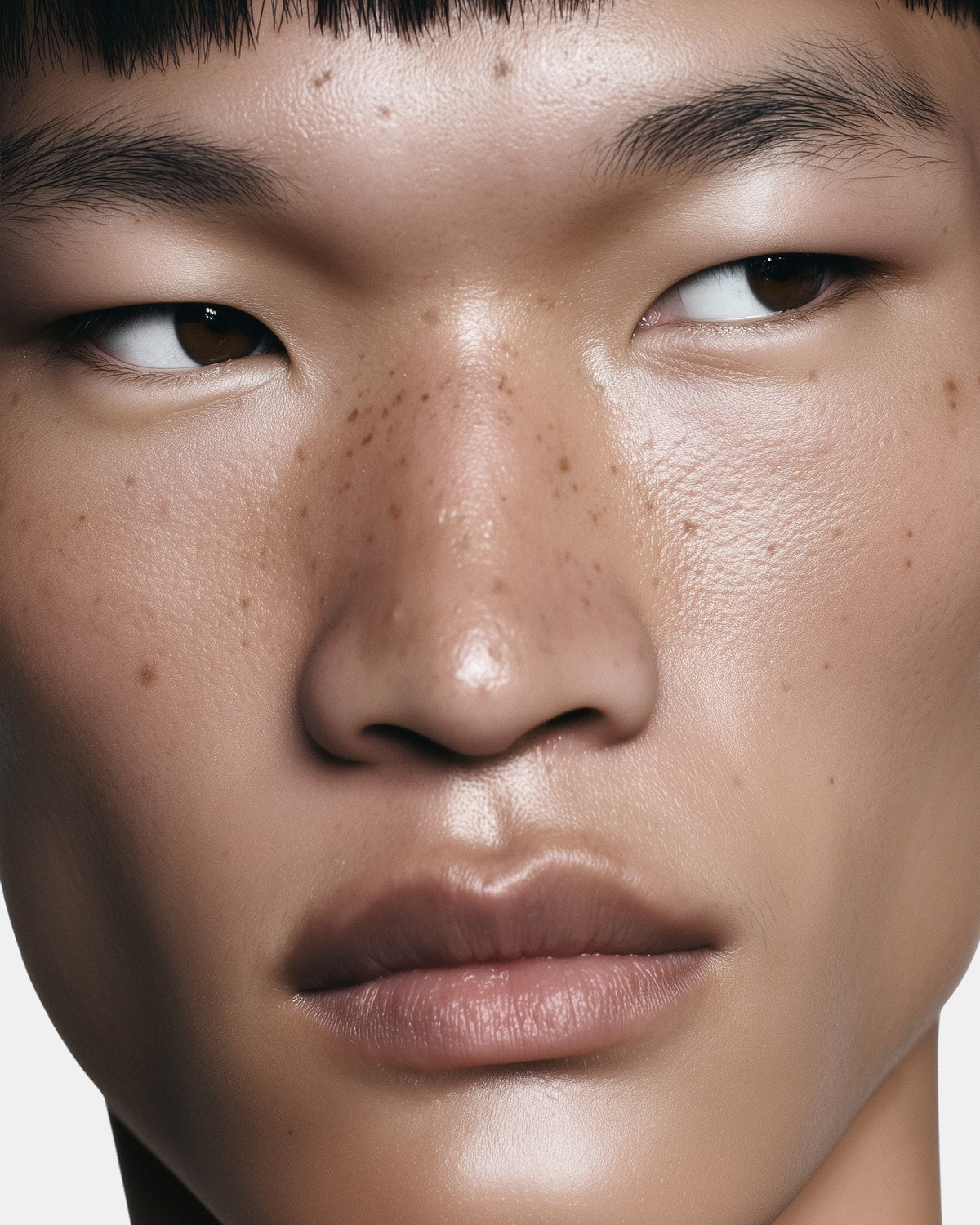 Person with clear skin and natural freckles or beauty marks