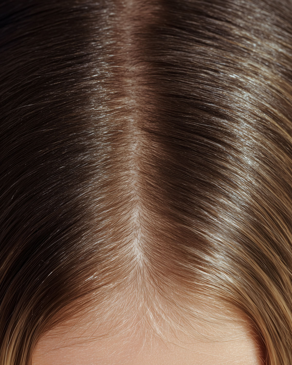 Close-up of hair parting and healthy scalp