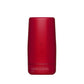 Red cylindrical container with a logo on a white background