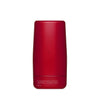 Red cylindrical container with a logo on a white background