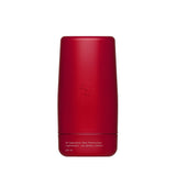 Red cylindrical container with a logo on a white background