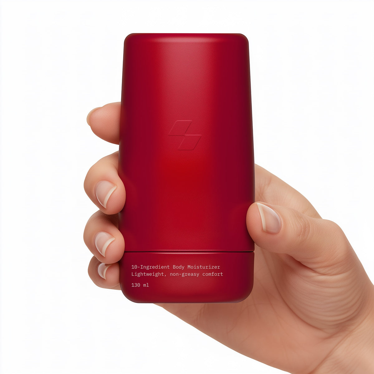 Hand holding red 10-ingredient body moisturizer container 