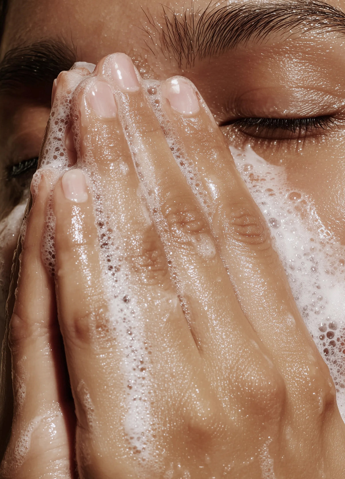 Person applying foaming exfoliating skincare product to face