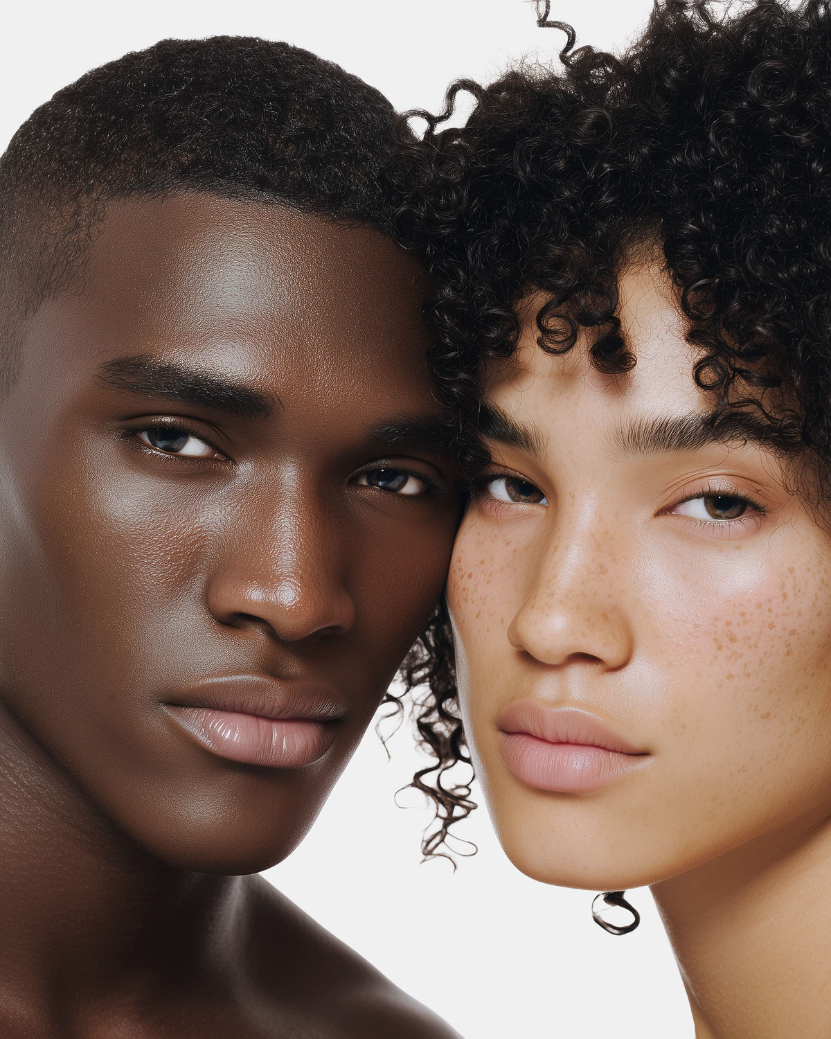 Close-up of a man and a woman with natural hair on a white background
