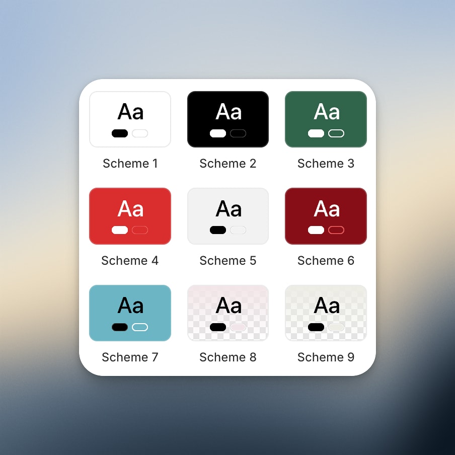 Nine different text color schemes displayed on a blurred gradient background