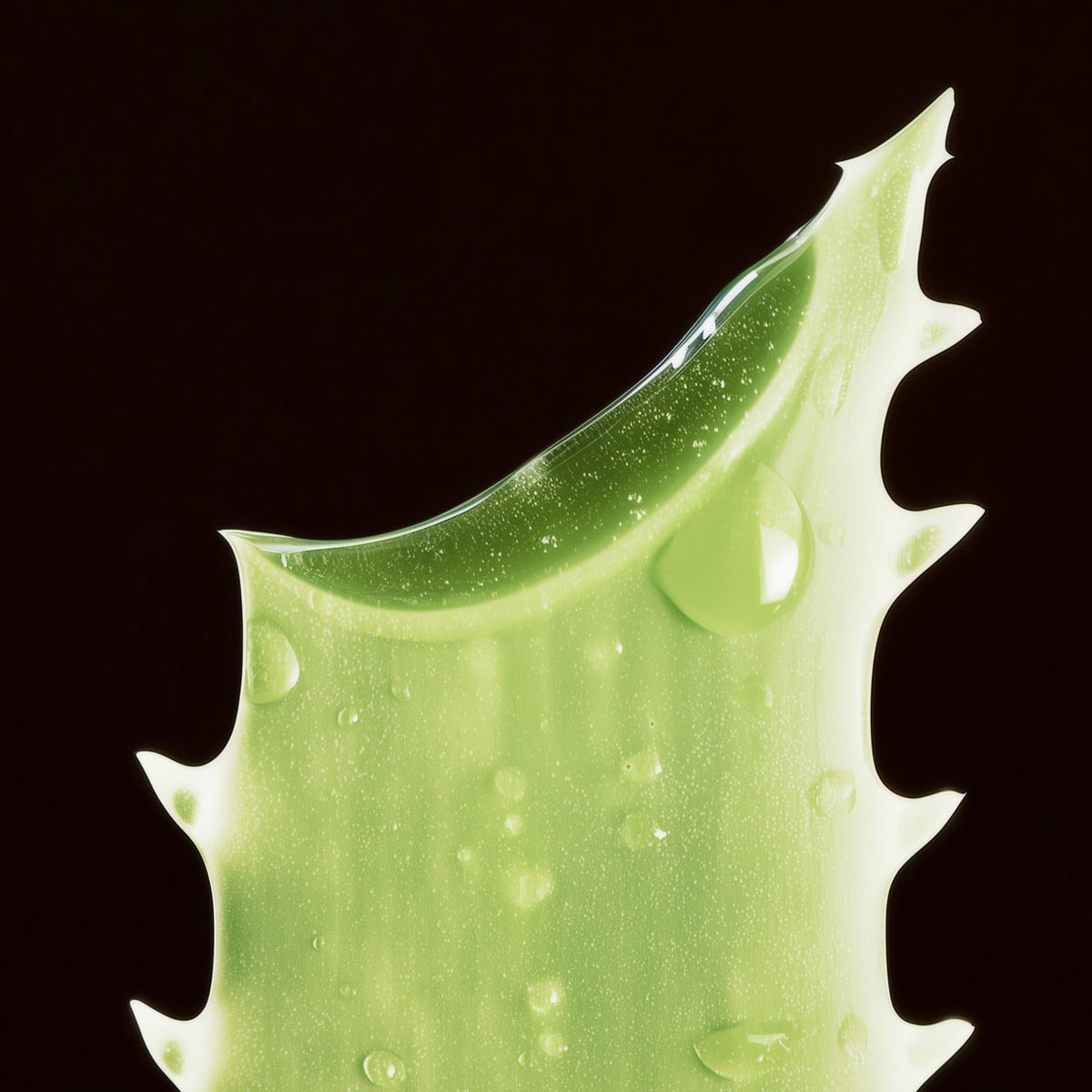 Close-up of a green aloe vera plant with water droplets on a black background