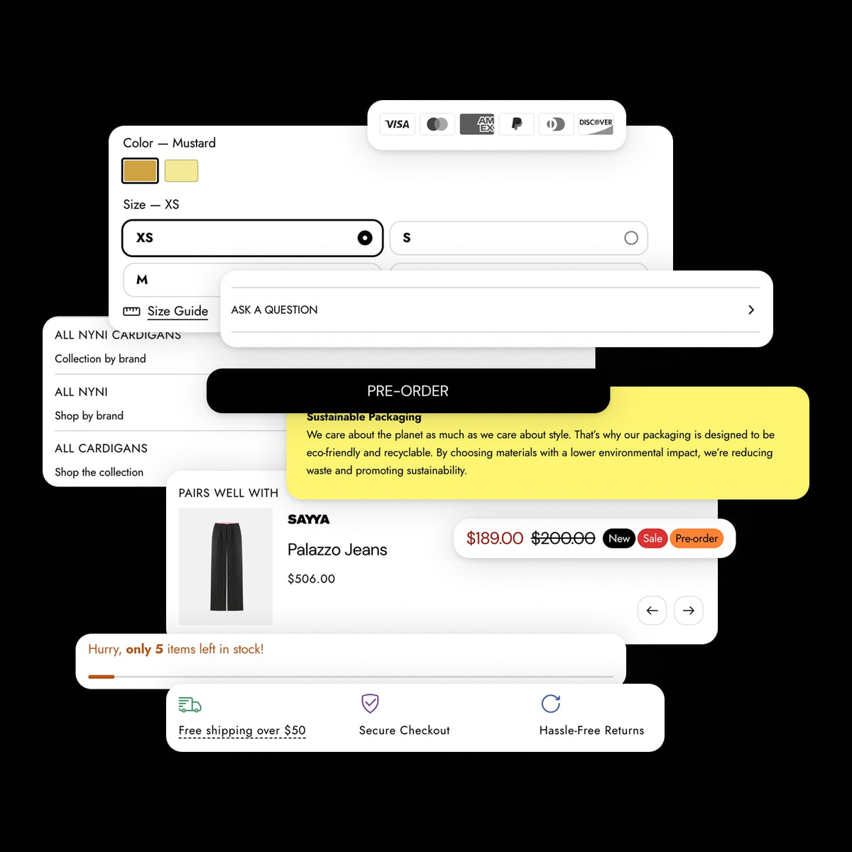 Online shopping interface with product details and pre-order options on a black background