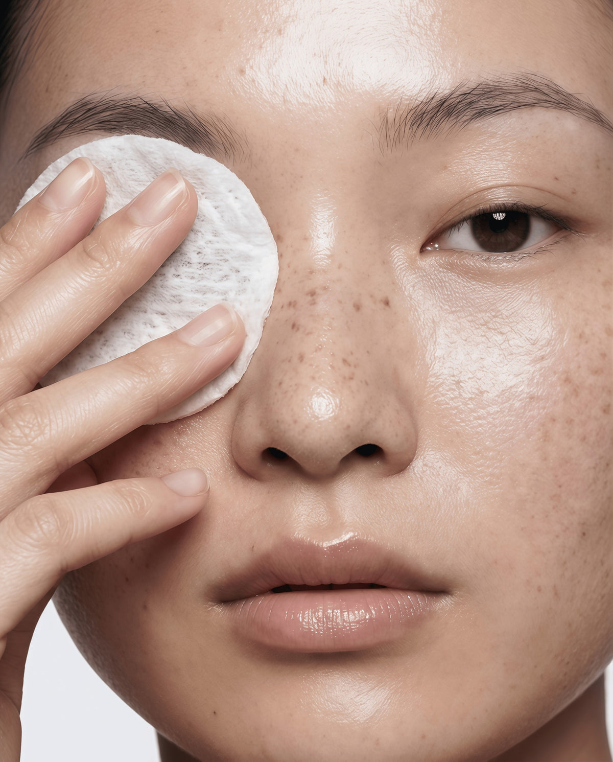 Person applying a skincare product with a cotton pad on a neutral background
