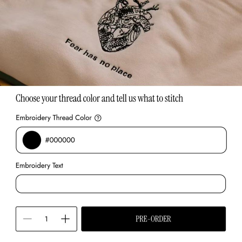 Embroidery design with text on a beige background, followed by an embroidery customization interface.