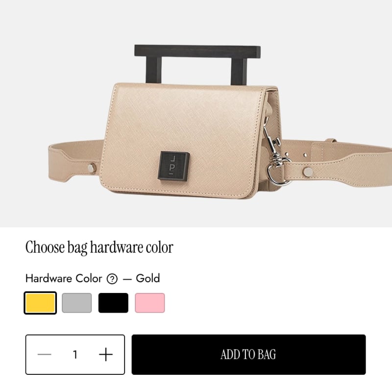 Beige waist bag with customizable hardware color options on a white background