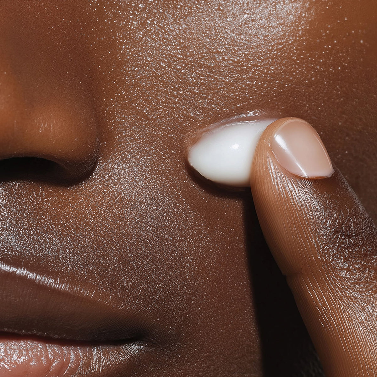 White moisturizer cream on fingertip against glowing textured skin