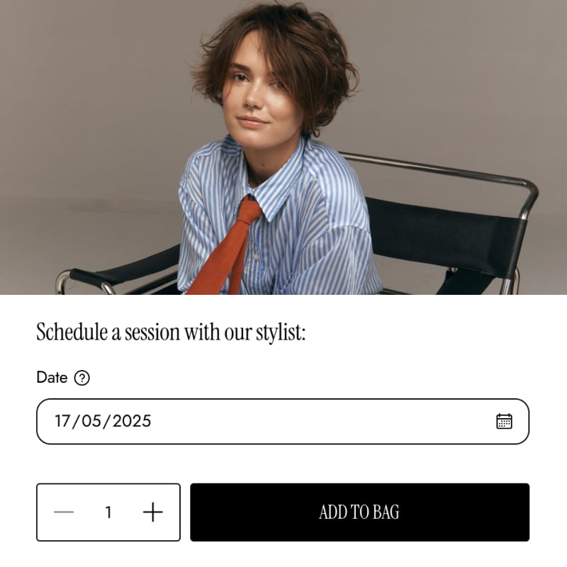 Person sitting in a chair with text overlay for scheduling a session with a stylist.