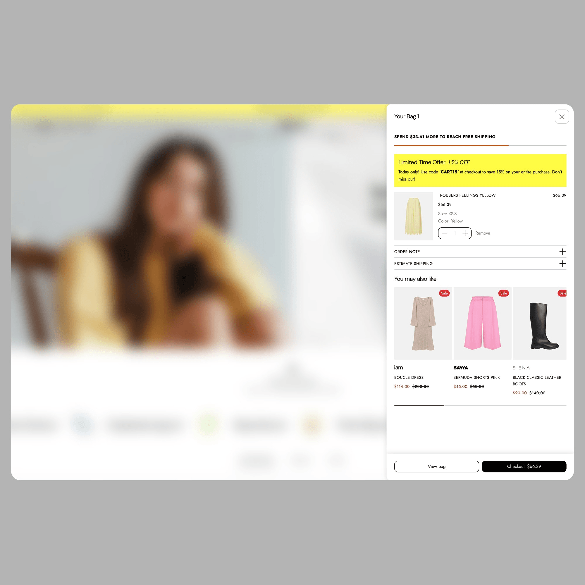 Shopping cart sidebar showing yellow trousers item with checkout options and product recommendations