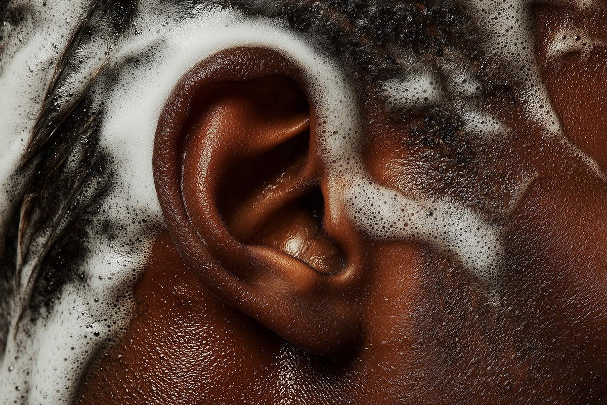 Close-up of a horse's ear with soapy water around it