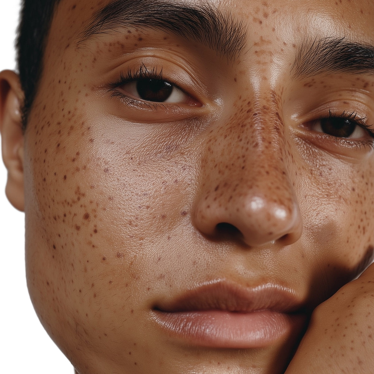 Close-up of a person's face with freckles on a white background