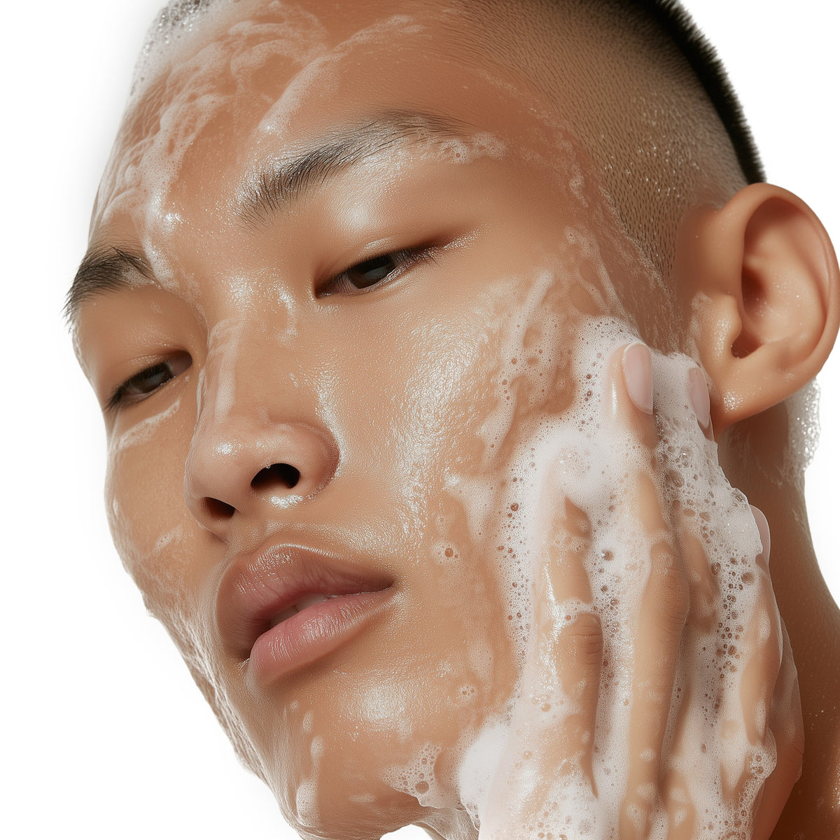 Person applying soap to their face with a close-up view.