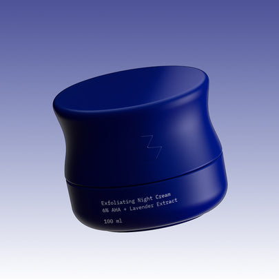 Blue exfoliating night cream jar with text on a gradient background