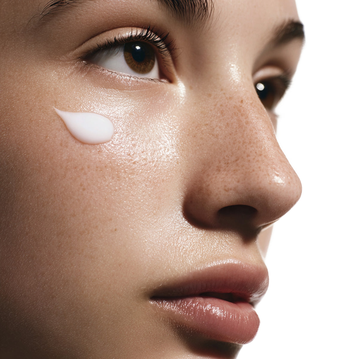 Close-up of a person's face with a droplet of cream on their cheek.