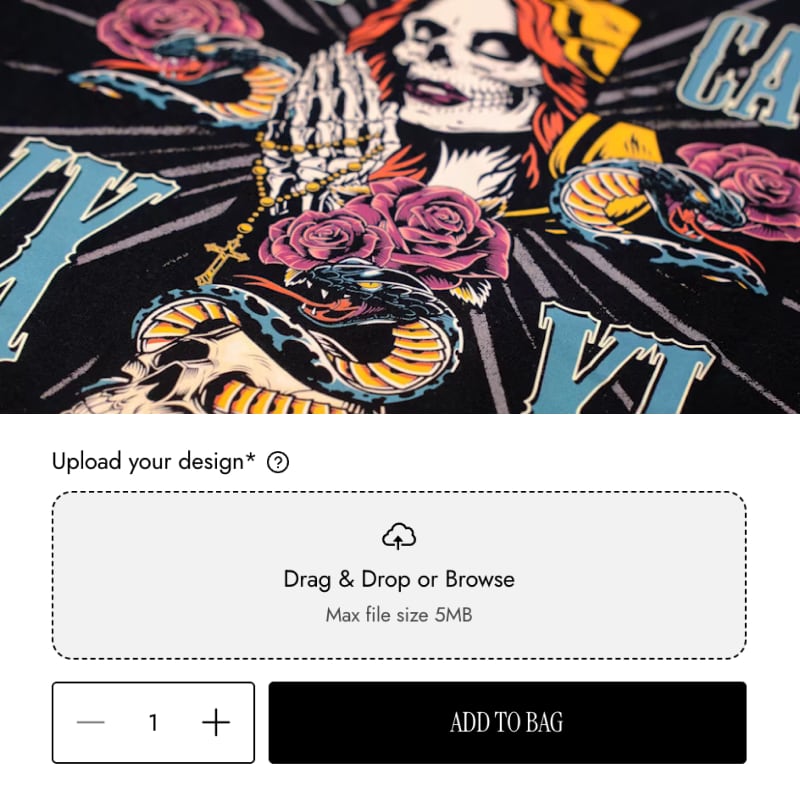 Tattoo-style design with snake, roses, and skull on a black background with text overlay.