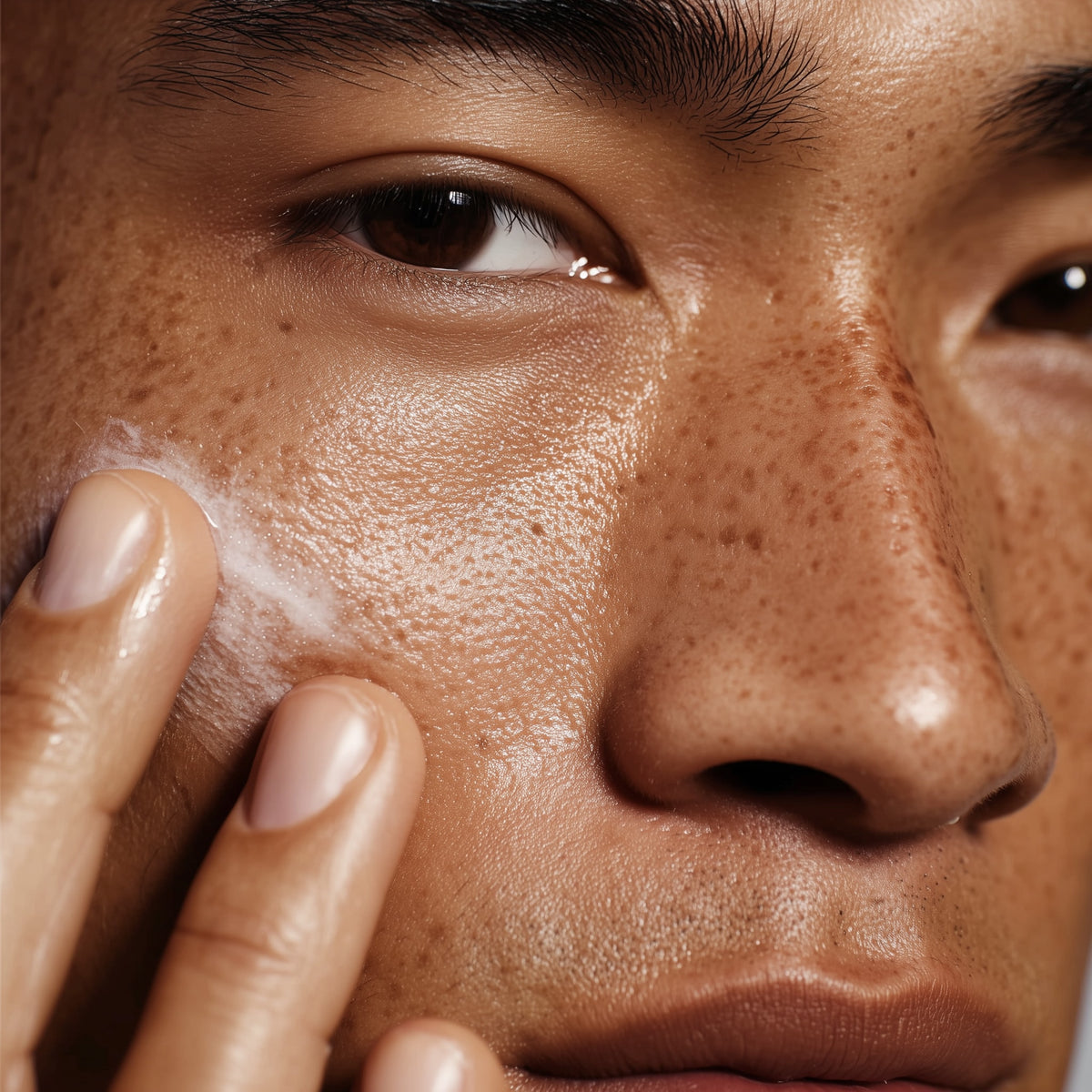 Close-up of a person applying cream to their face