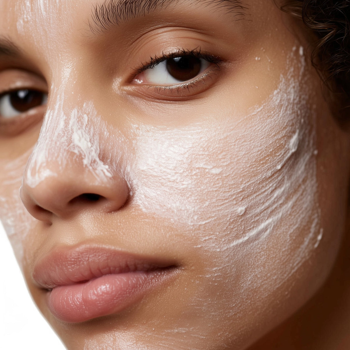Close-up of a person's face with a white cosmetic product applied to the skin.