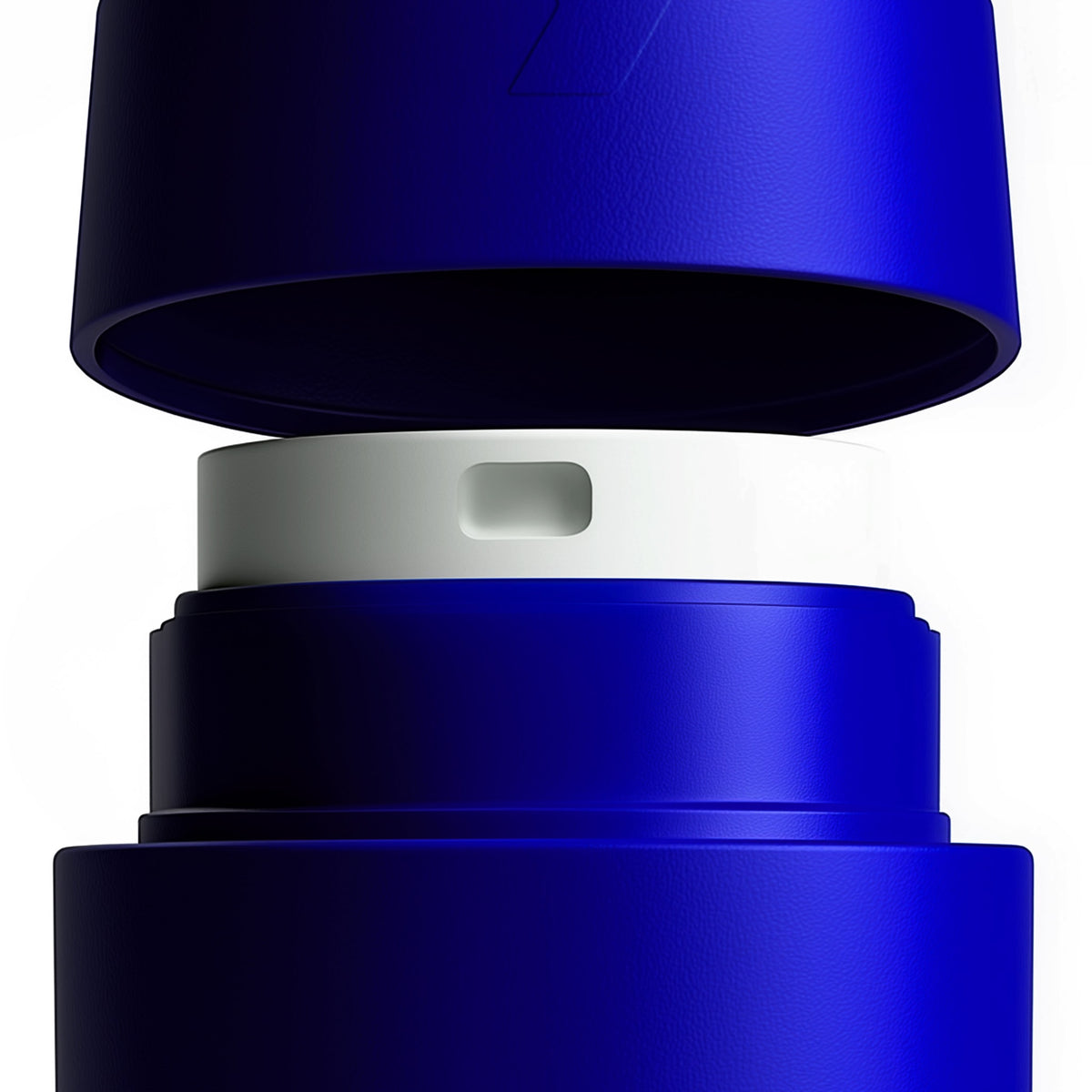 Close-up of a blue cylindrical container with a white base on a white background