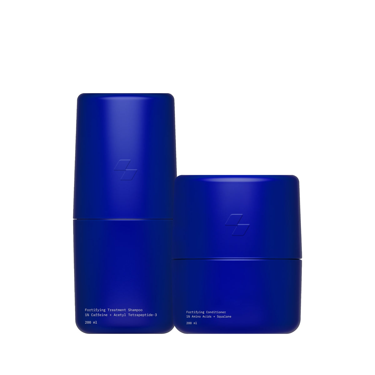 Two blue cylindrical containers with text on a white background