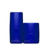 Two blue cylindrical containers with text on a white background