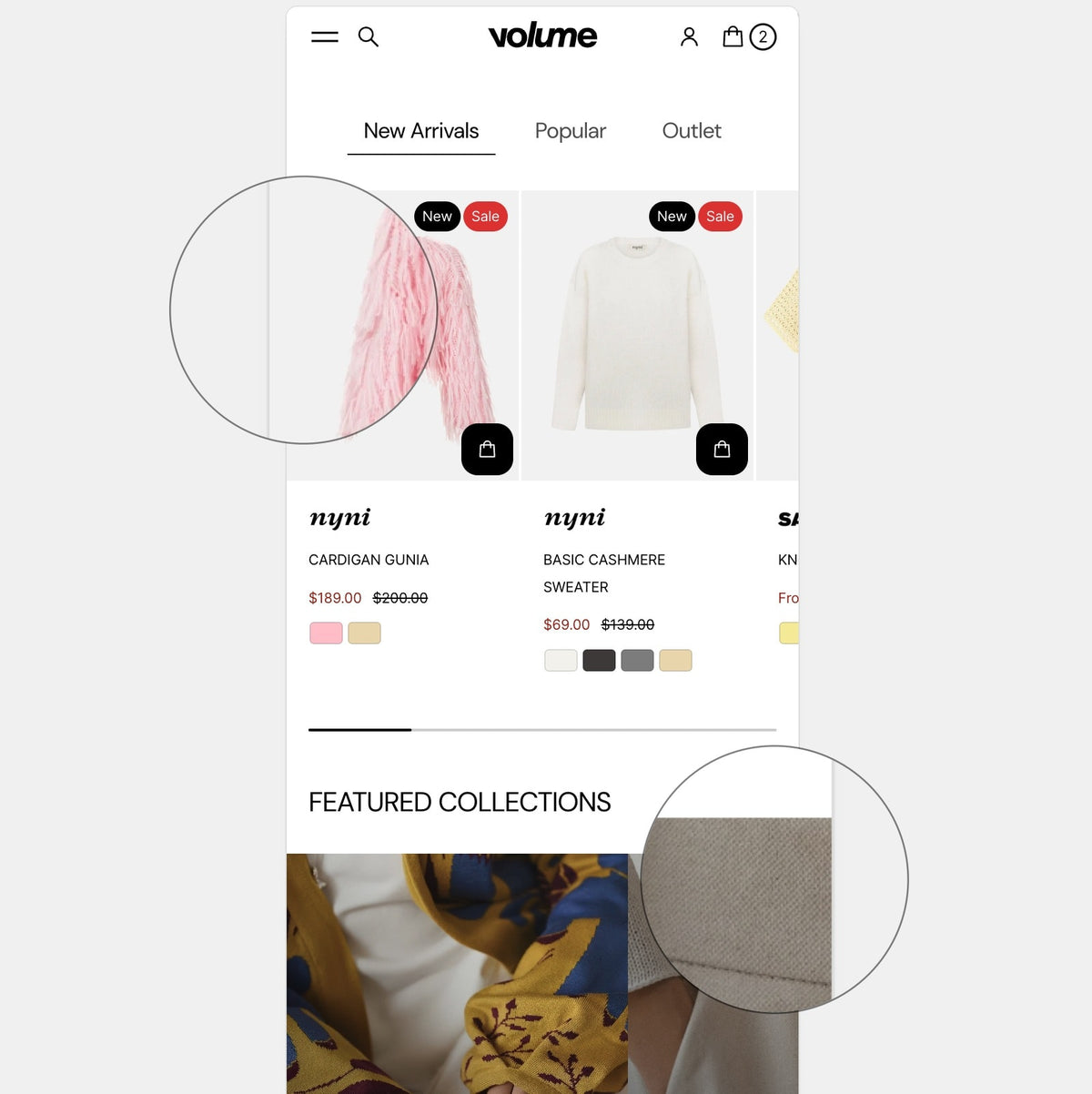 Online clothing store interface with product listings and 'volume' branding.
