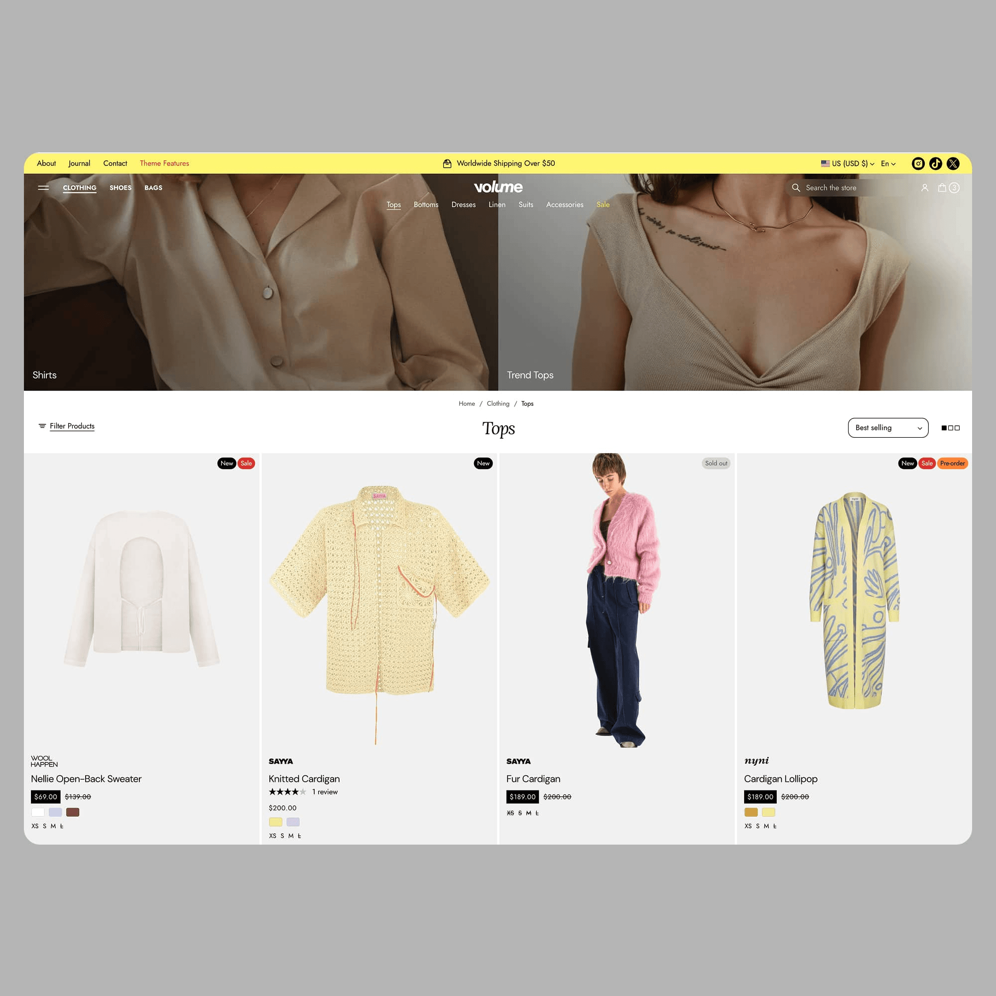 Women's clothing tops collection displayed in product grid with multiple items and price options