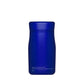 Blue bottle with white text on a white background