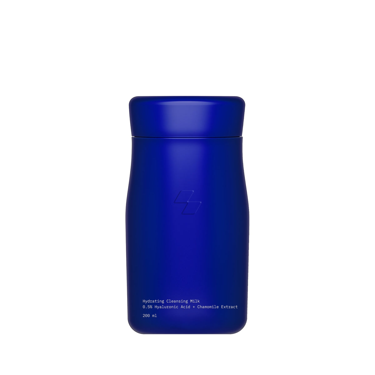 Blue bottle with white text on a white background