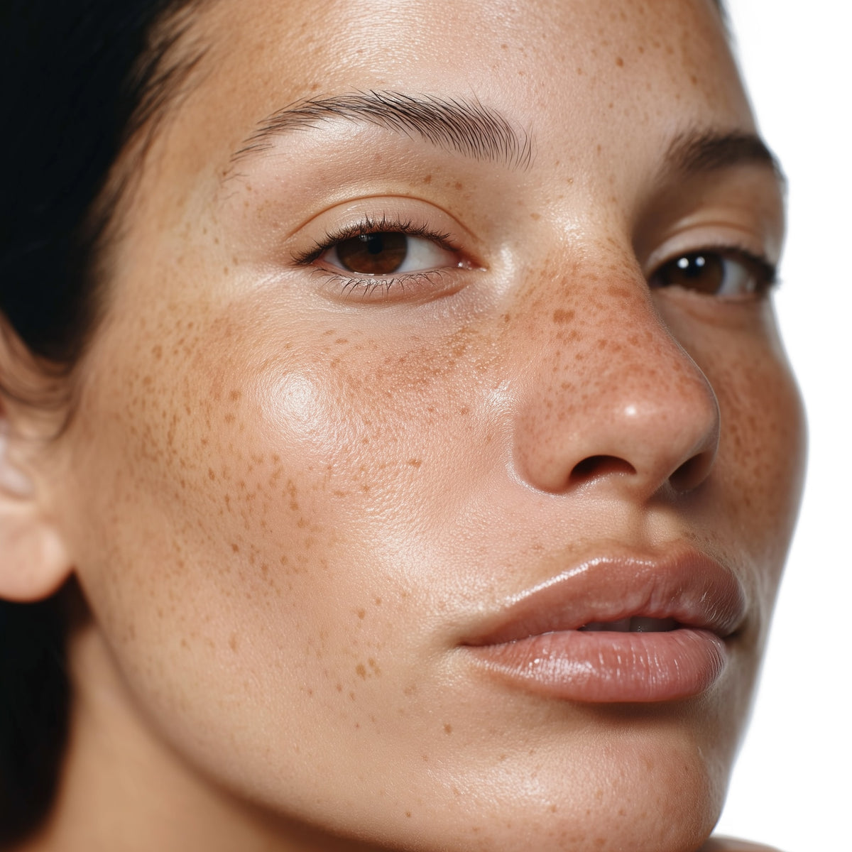 Close-up of a woman's face with freckles on a neutral background
