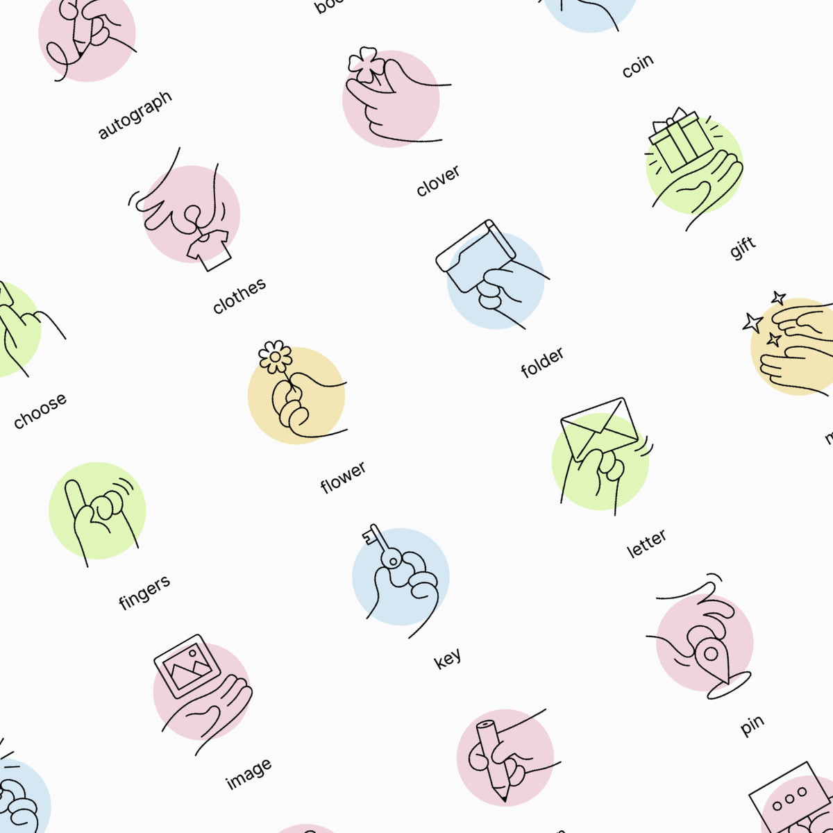Pattern of various icons with labels on a white background