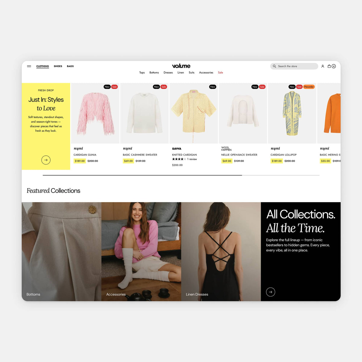 Online clothing store interface with product listings and promotional images.