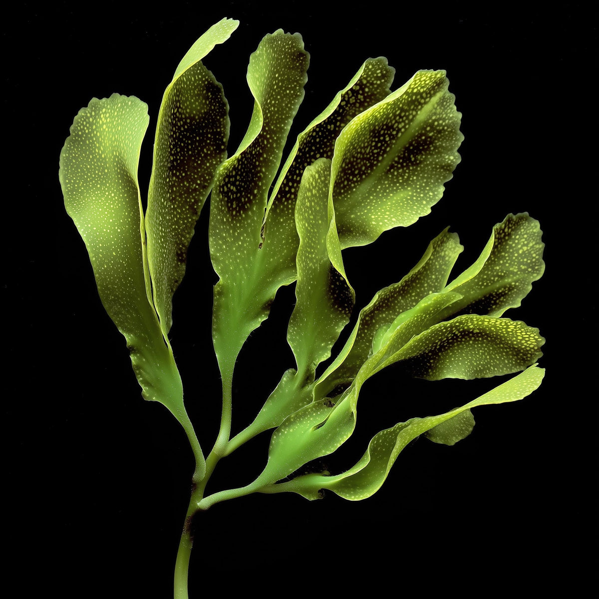 Close-up of green seaweed on a black background