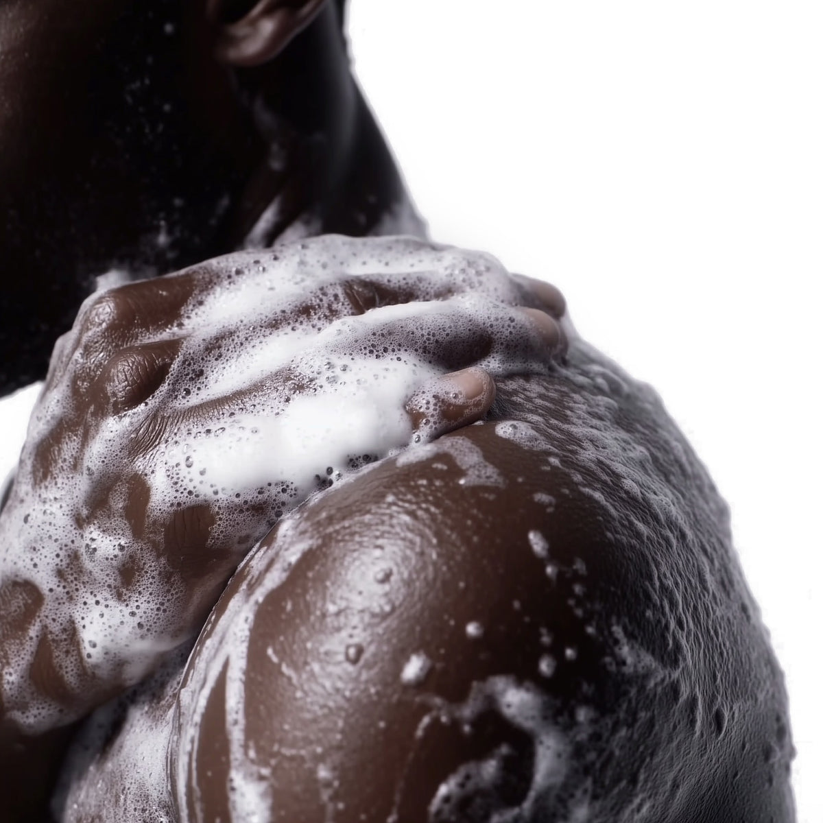 Person with soapy hands and body on a white background