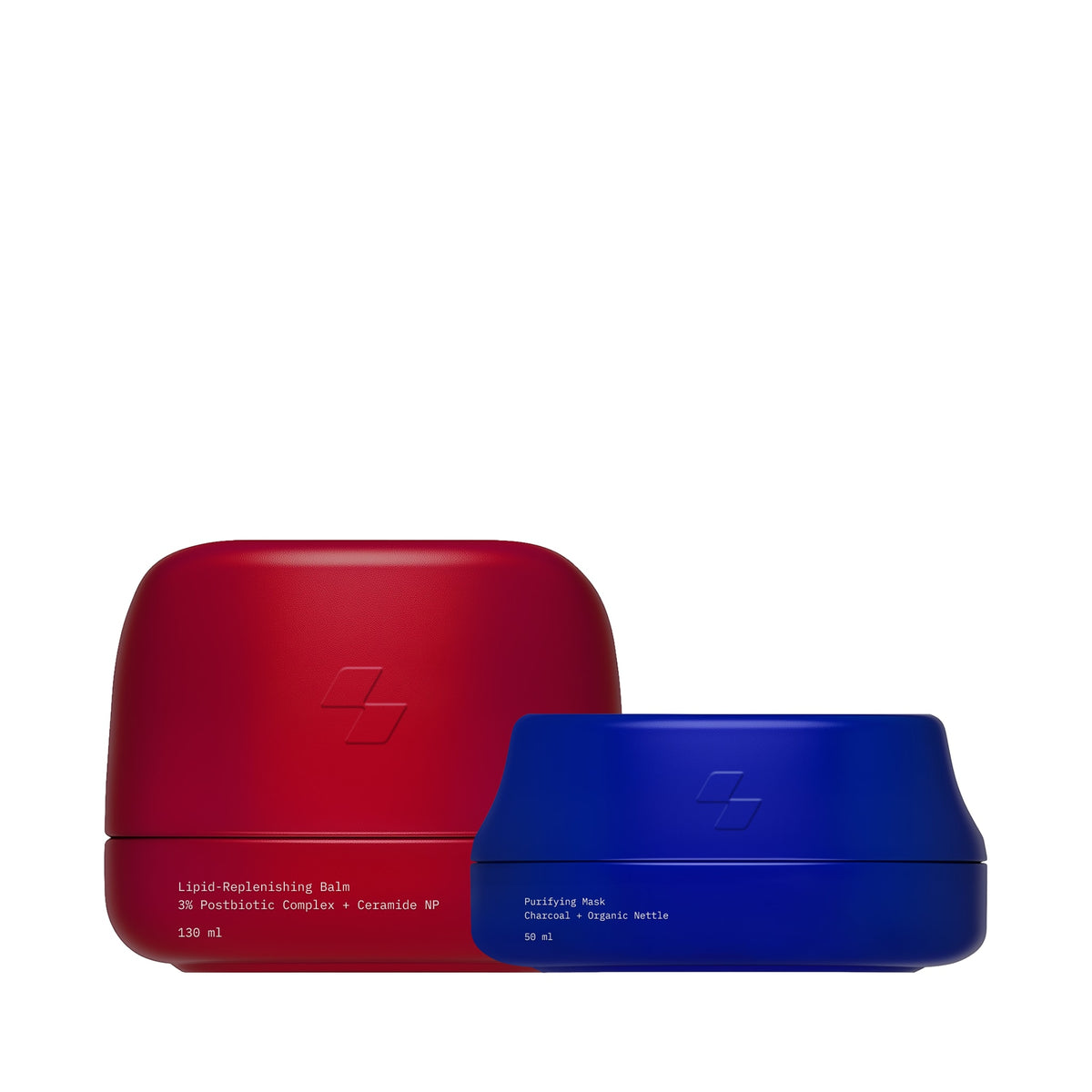 Red lipid-replenishing balm and blue purifying mask containers