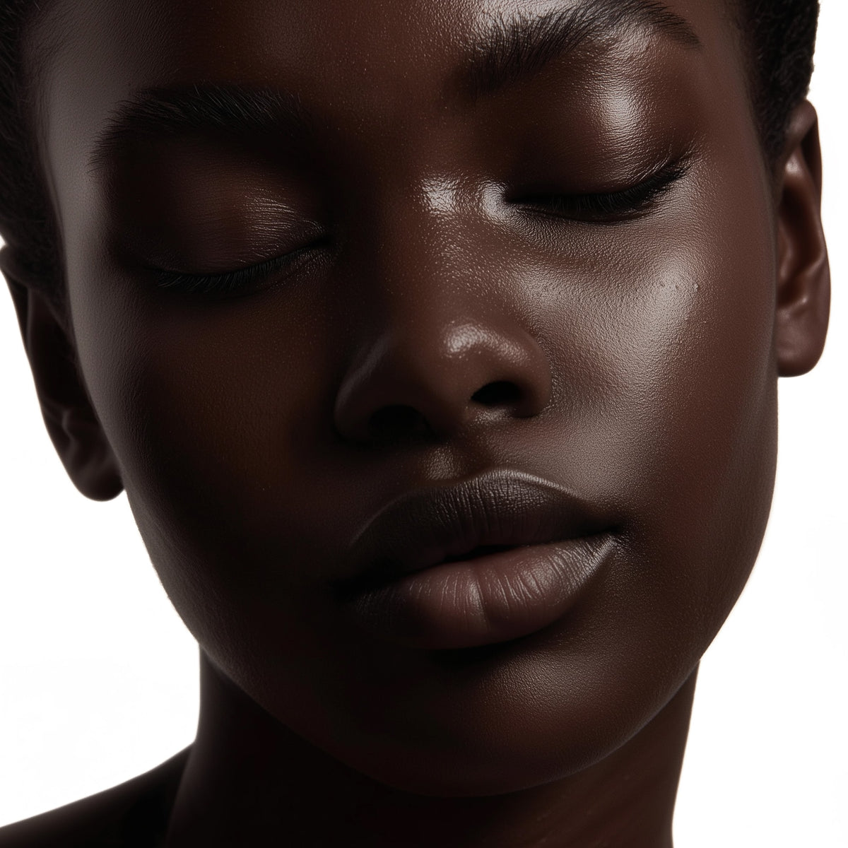Close-up of a person's face with a neutral expression on a white background