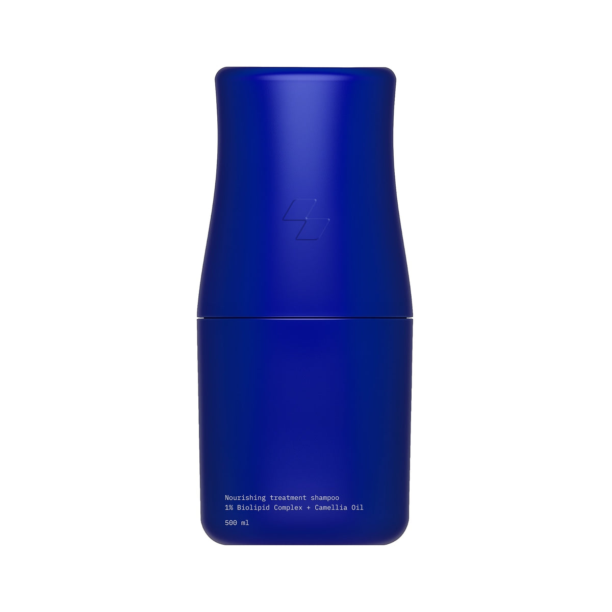 Blue shampoo bottle with text on a white background (500 ml)
