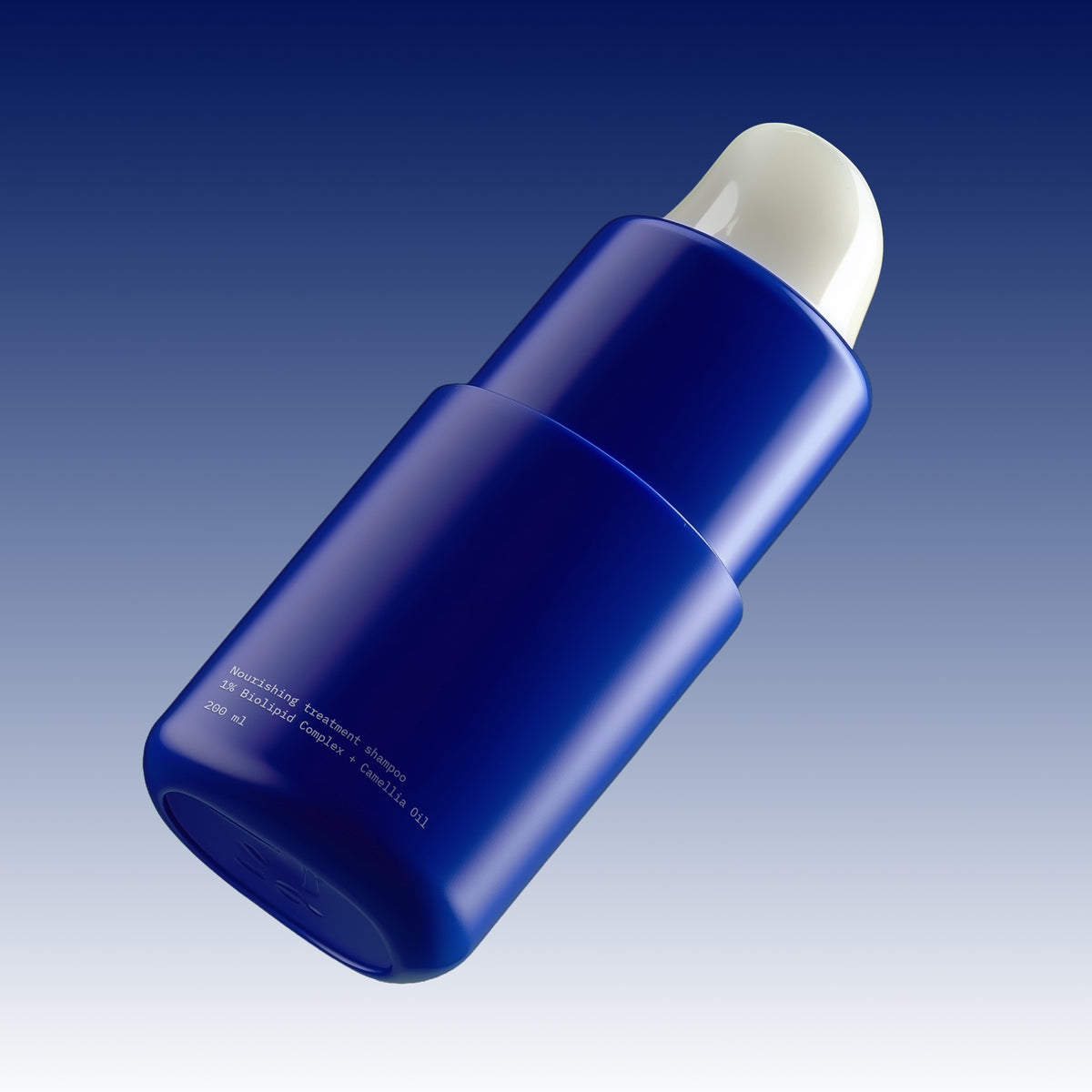 Blue cylindrical container with white cap on a gradient blue background