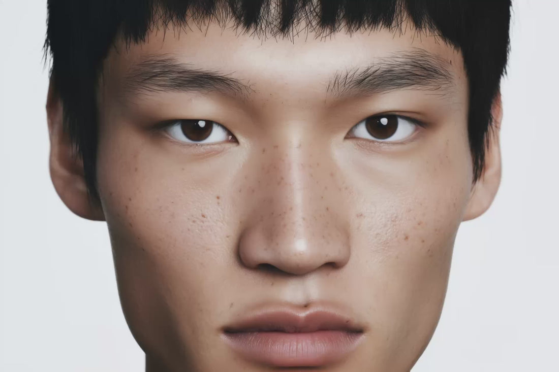 Portrait of young man with clear, healthy skin and natural complexion on white background