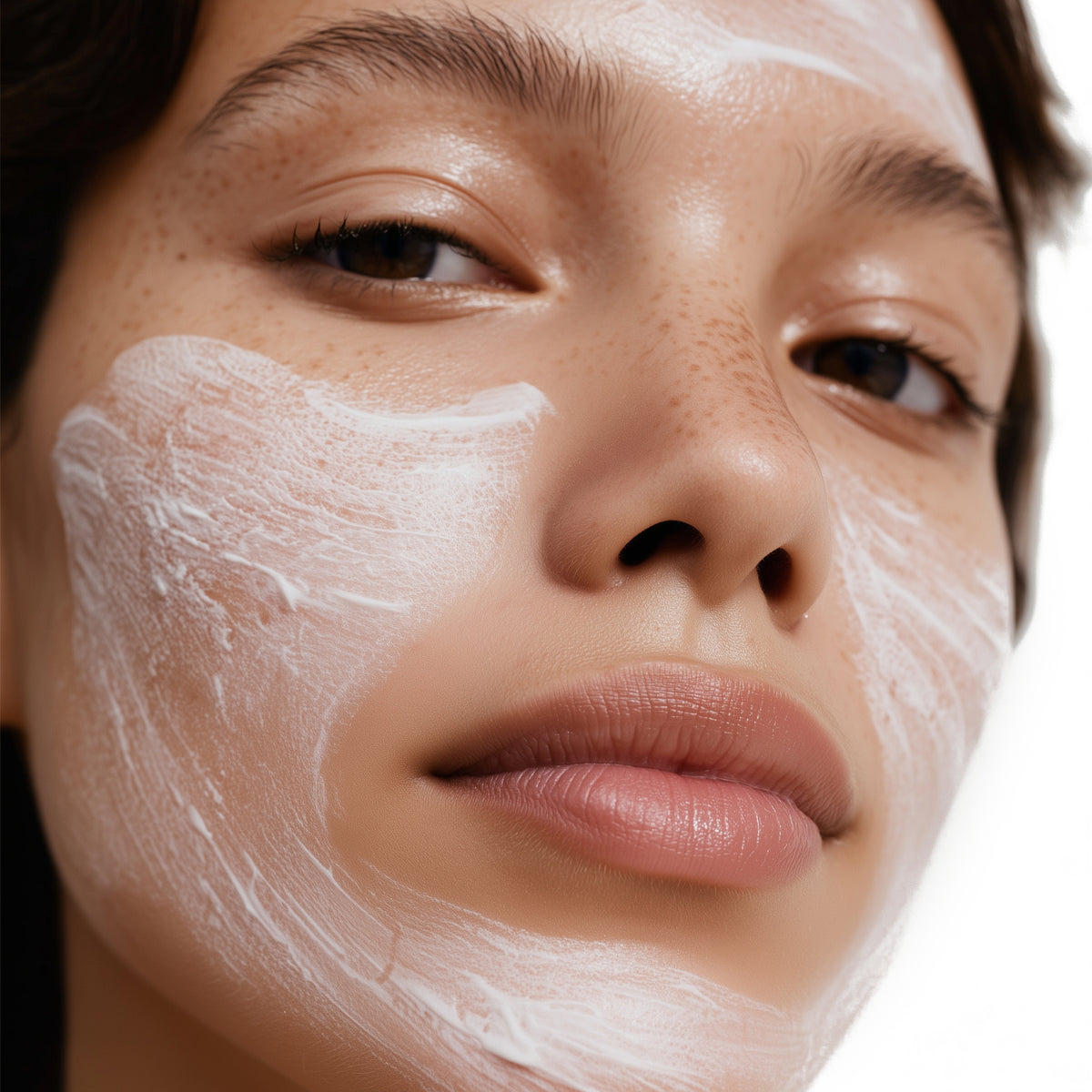 Close-up of a person's face with white cream applied to the cheeks.