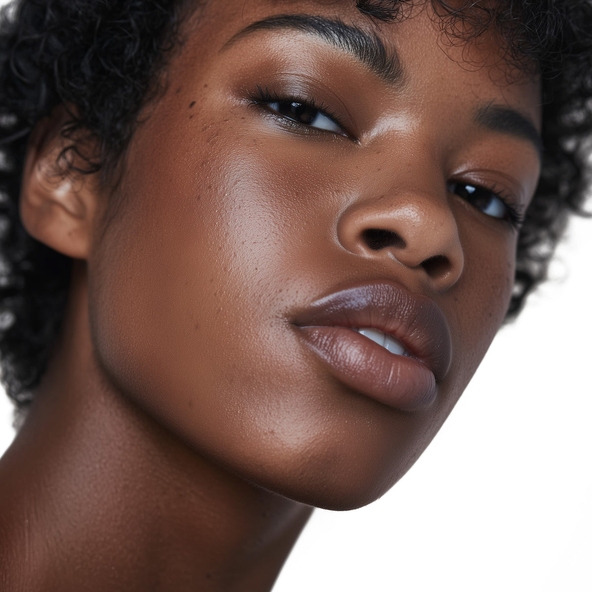 Close-up of a woman's face with a neutral expression on a white background