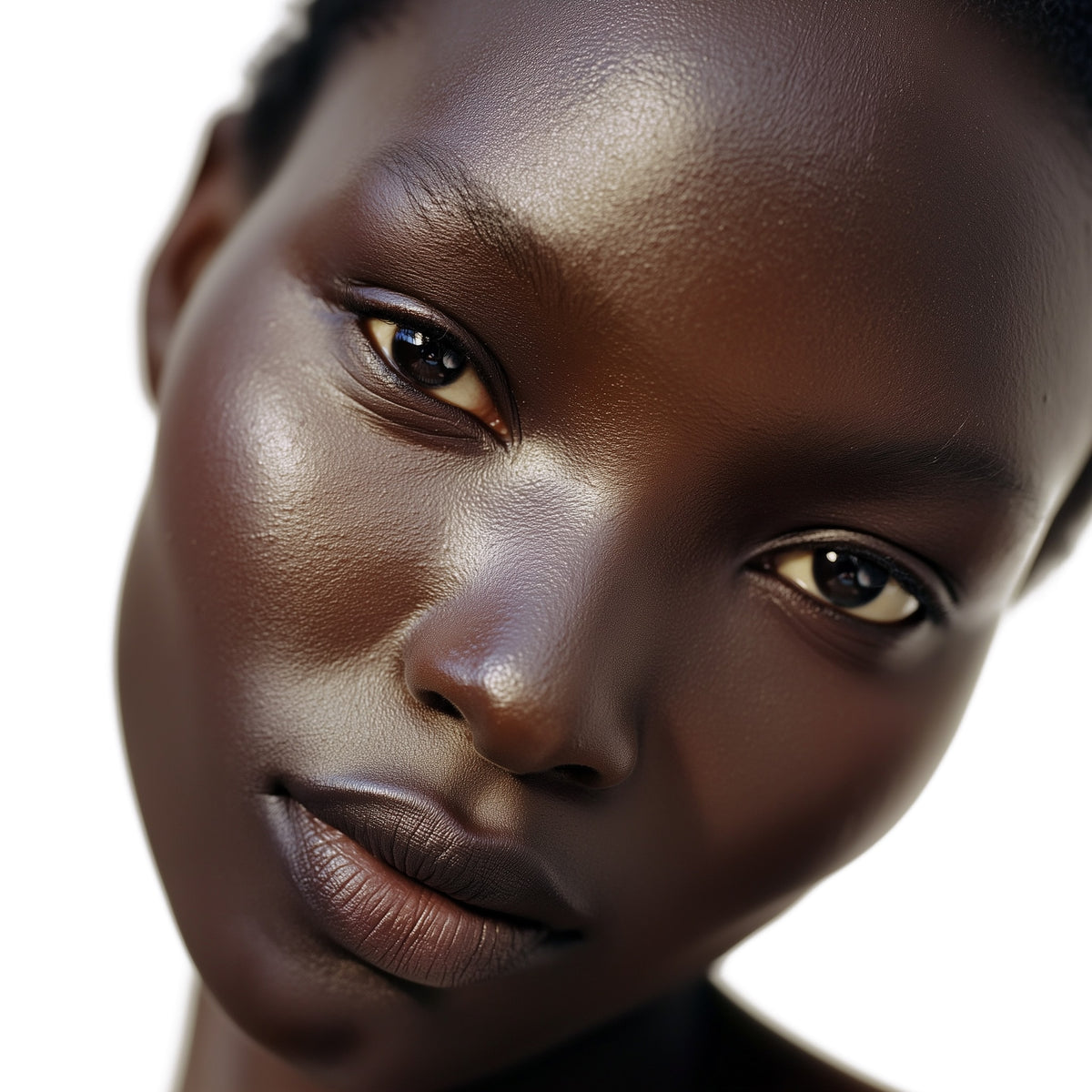 Close-up of a person's face with a neutral expression on a white background