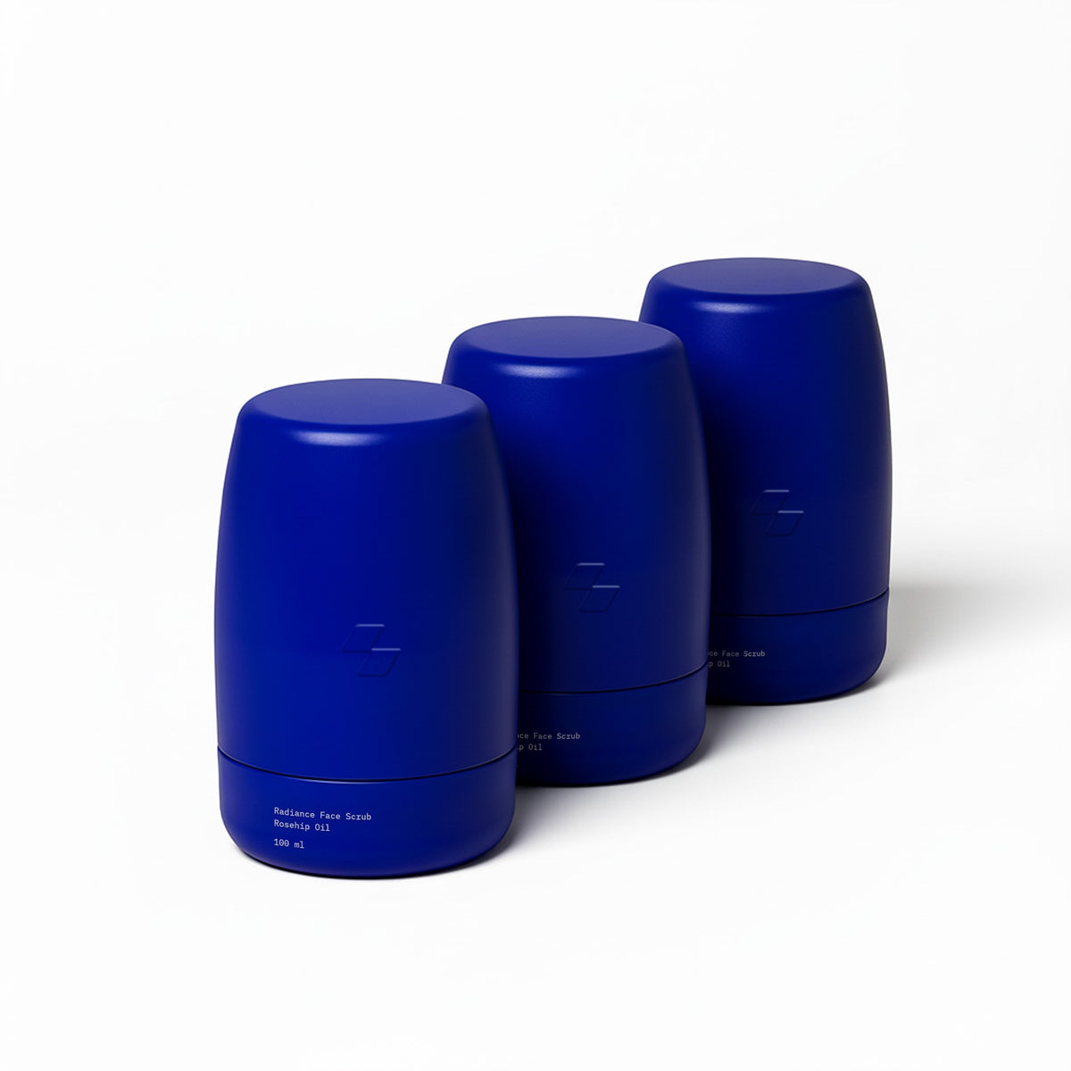 Three blue cylindrical containers on a white background